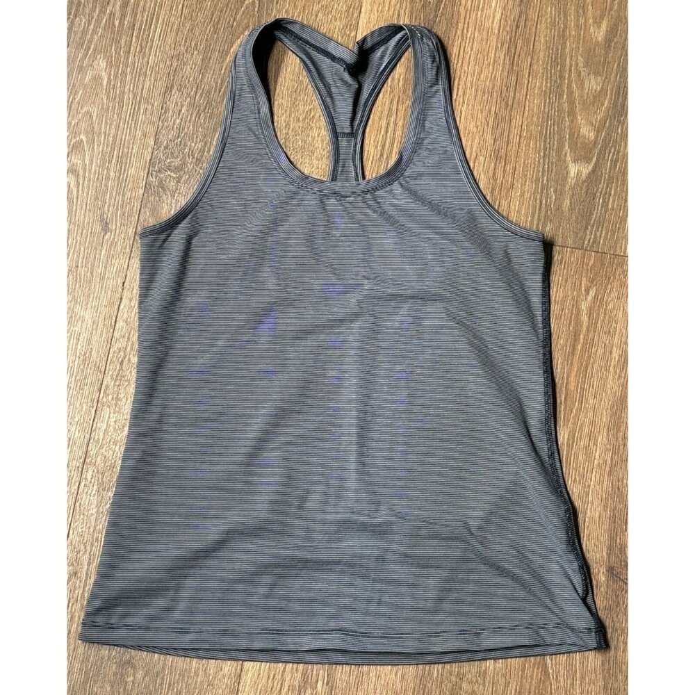 Danskin Racer Back Tank Loose Fit Black/white pinstripe Poly blend